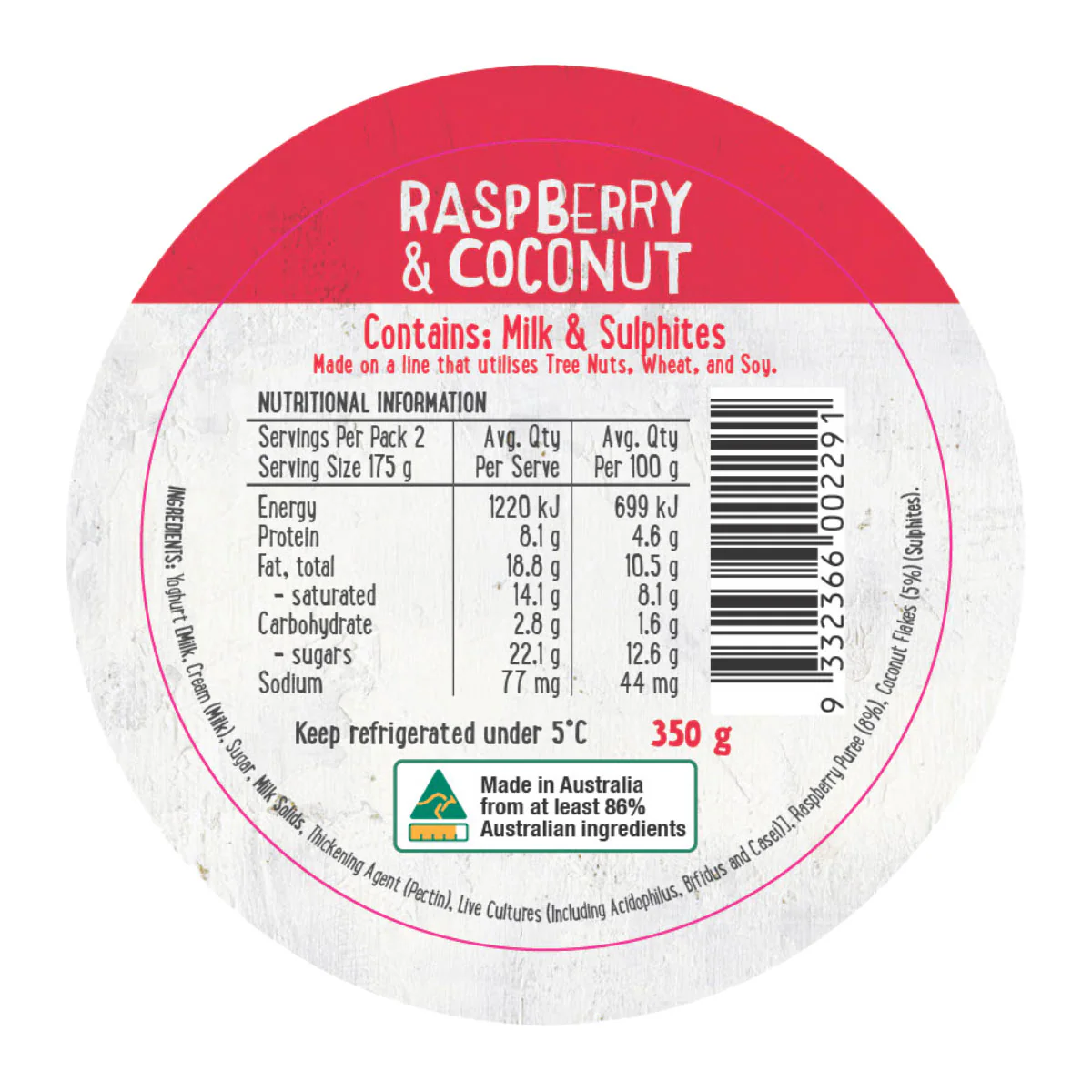Harris Farm Yoghurt Raspberry and Coconut 350g - Image 2