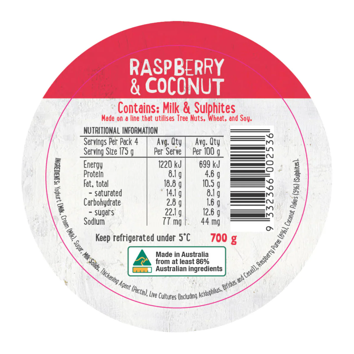 Harris Farm Yoghurt Raspberry and Coconut 700g - Image 4