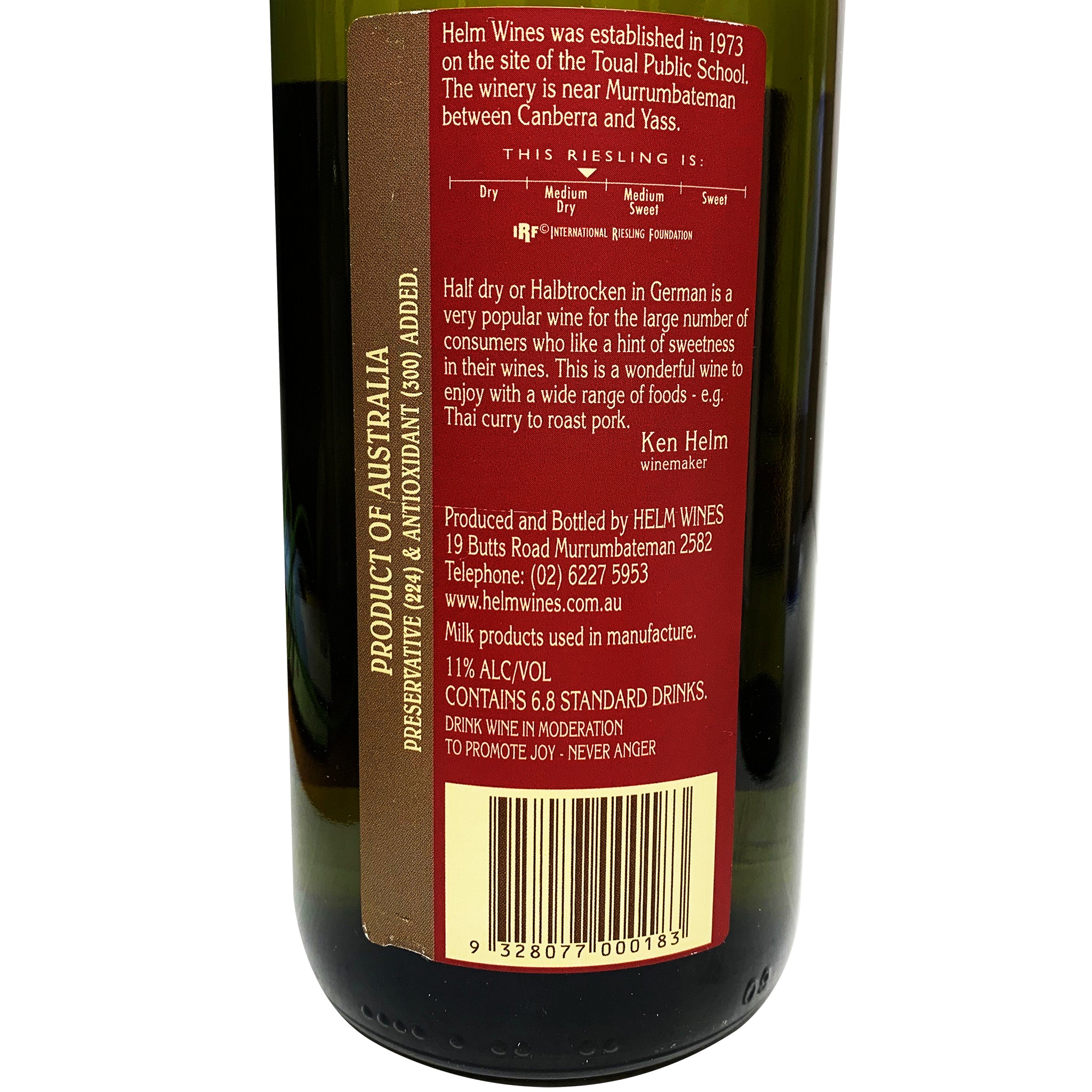Helm Wines Half Dry Riesling Canberra ACT 750ml - Image 2