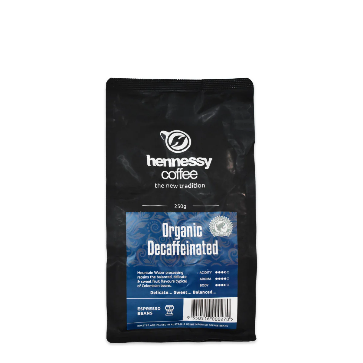 Hennessy Coffee Organic Decaffeinated Coffee Beans 250g
