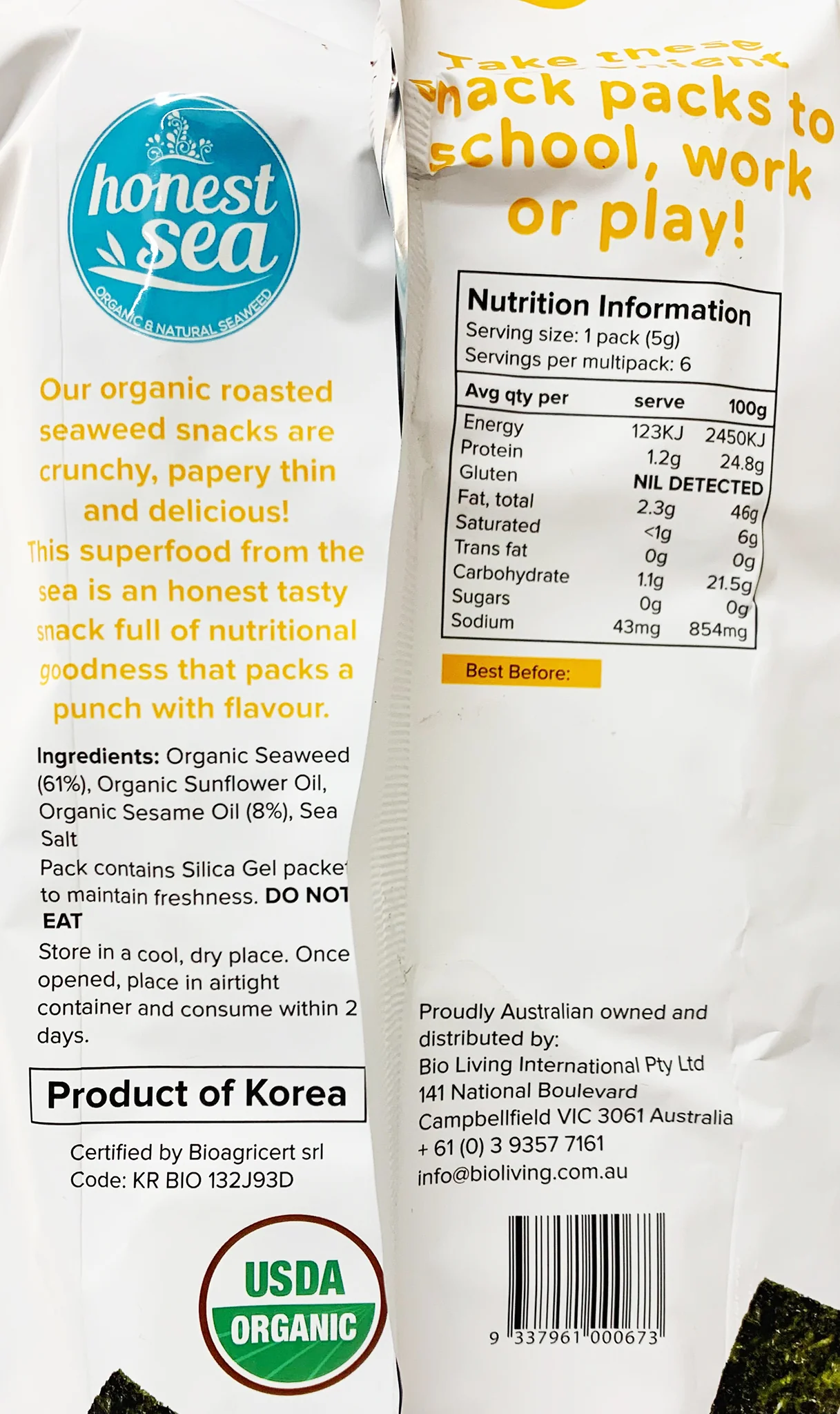 Honest Sea Organic Roasted Seaweed Snack Sesame 6 x 5g - Image 2