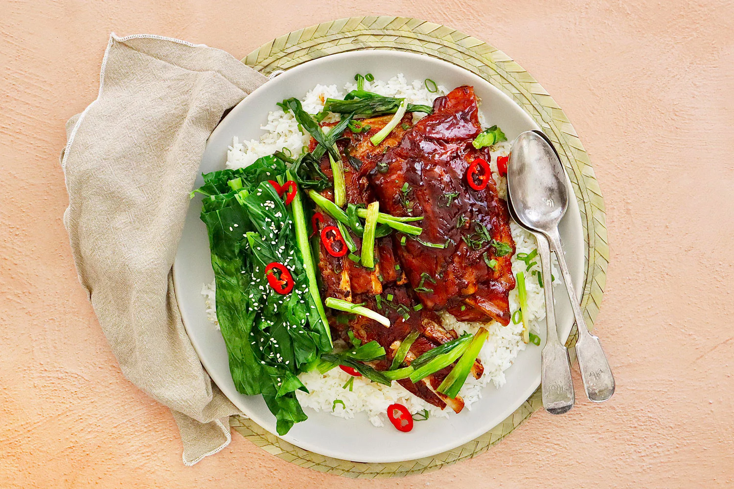 Honey and Soy Pork Ribs - with Rice and Asian Greens - Image 2