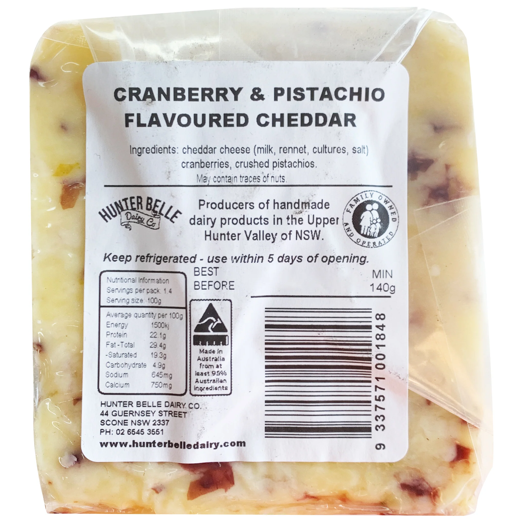 Hunter Belle Dairy Co. Cranberry and Pistachio Cheddar 140g - Image 2