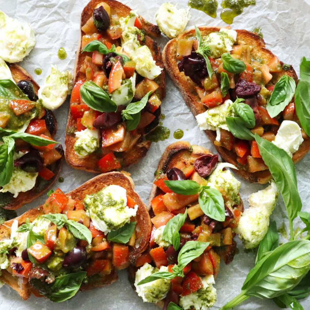 Imperfect Tomatoes and Black Olive Bruschetta