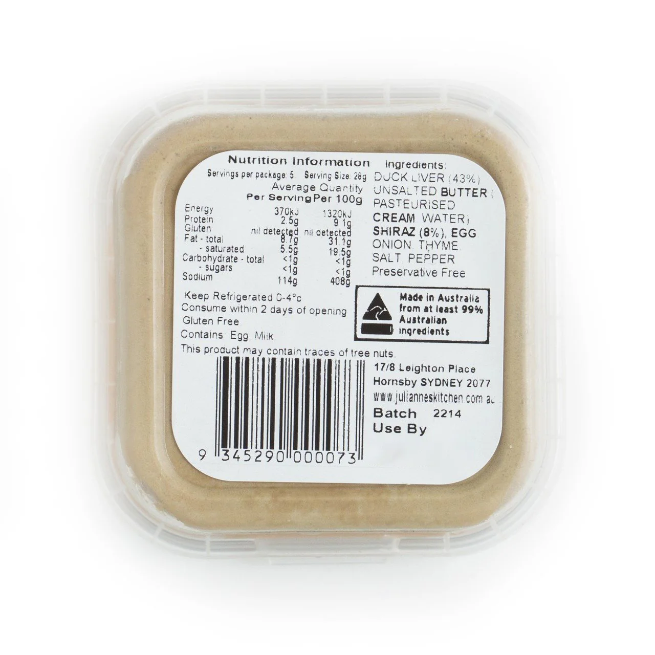 Julianne's Kitchen Duck and Shiraz Pate 140g - Image 2