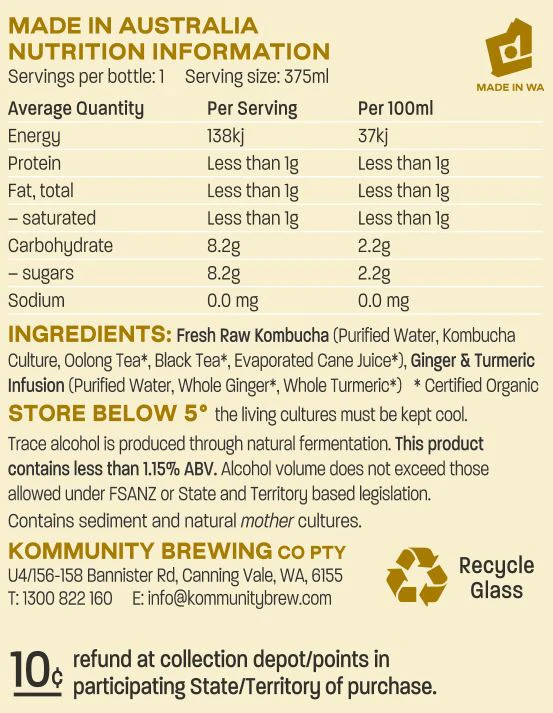 Kommunity Brew Organic Kombucha Ginger and Turmeric 375ml - Image 2
