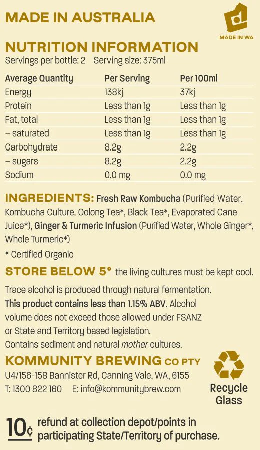 Kommunity Brew Organic Kombucha Ginger and Turmeric 750ml - Image 2