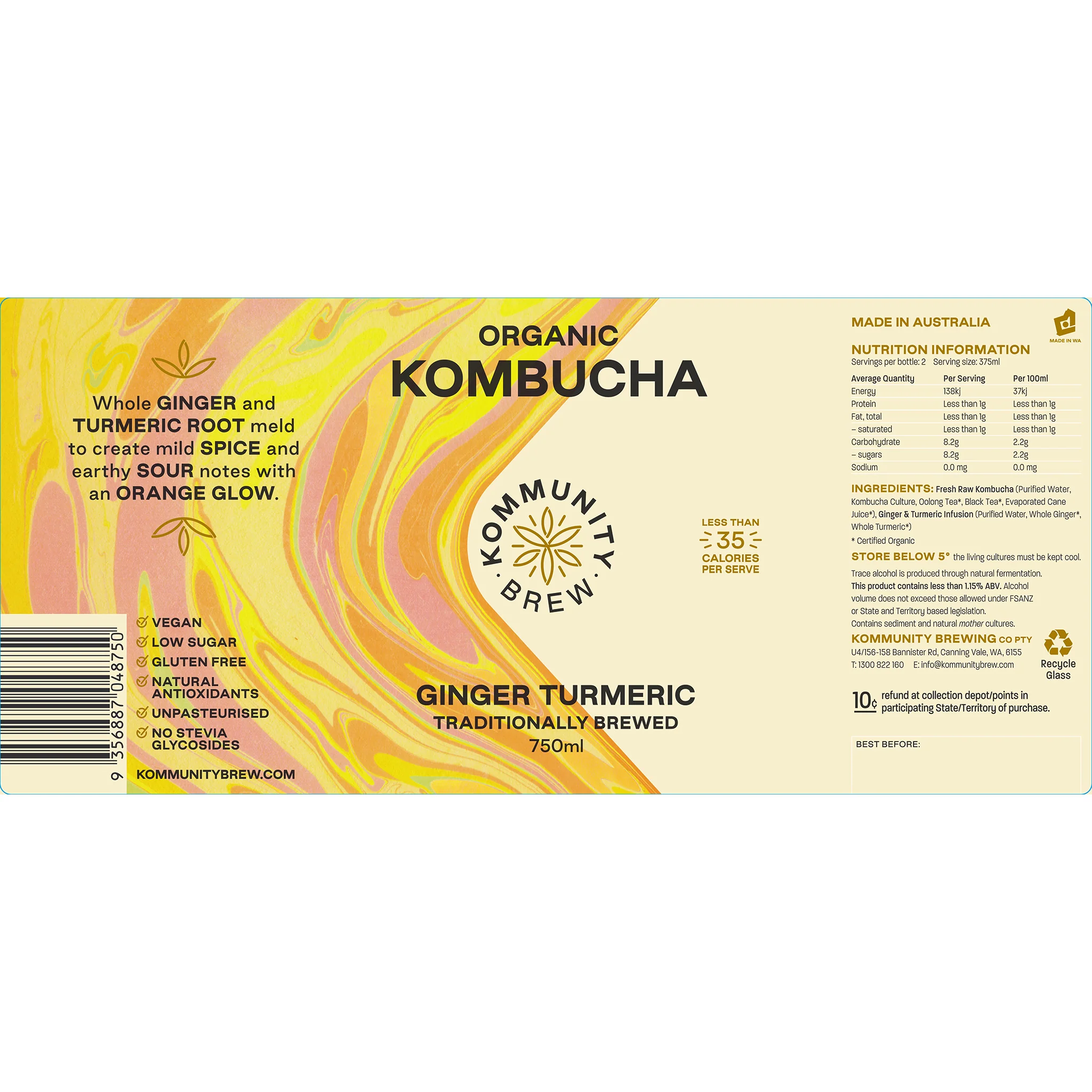 Kommunity Brew Organic Kombucha Ginger and Turmeric 750ml - Image 3