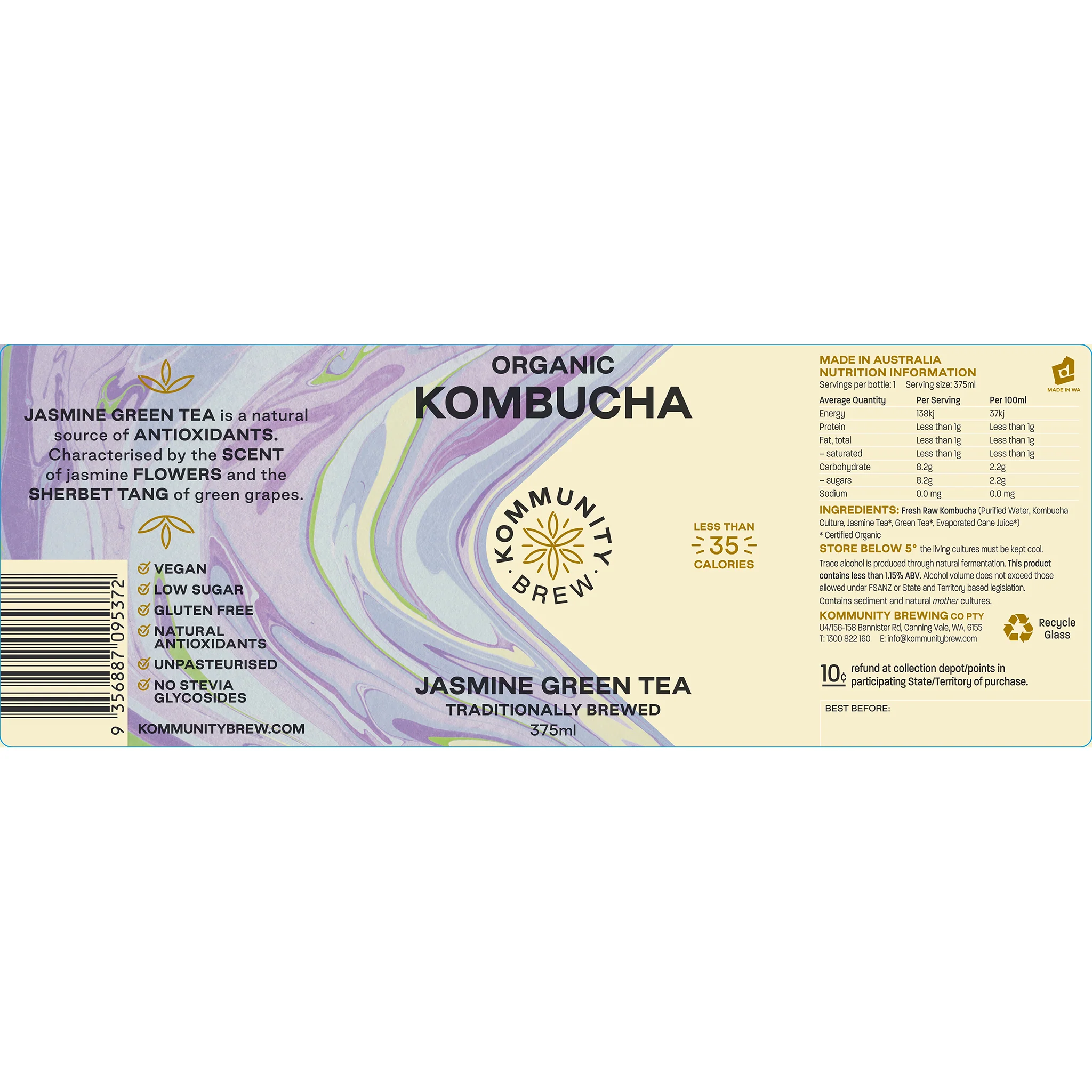 Kommunity Brew Organic Kombucha Jasmine Green Tea 375ml - Image 3