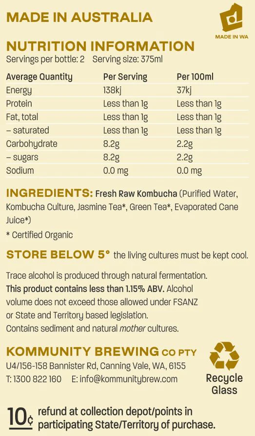 Kommunity Brew Organic Kombucha Jasmine Green Tea 750ml - Image 2