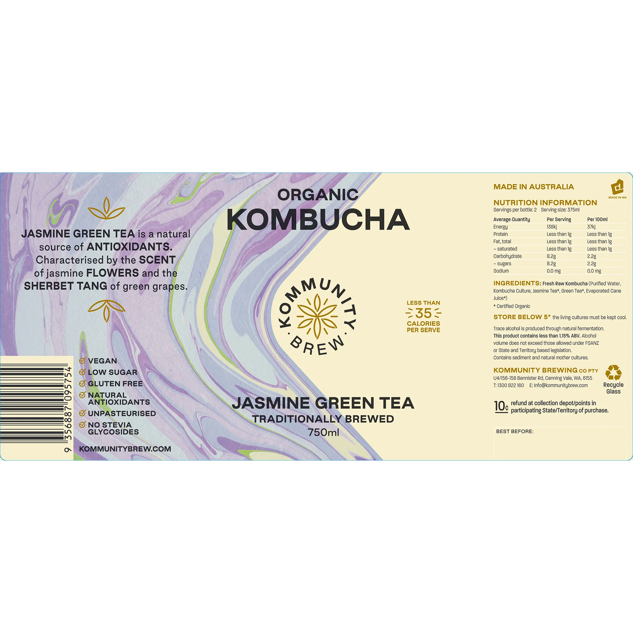 Kommunity Brew Organic Kombucha Jasmine Green Tea 750ml - Image 3