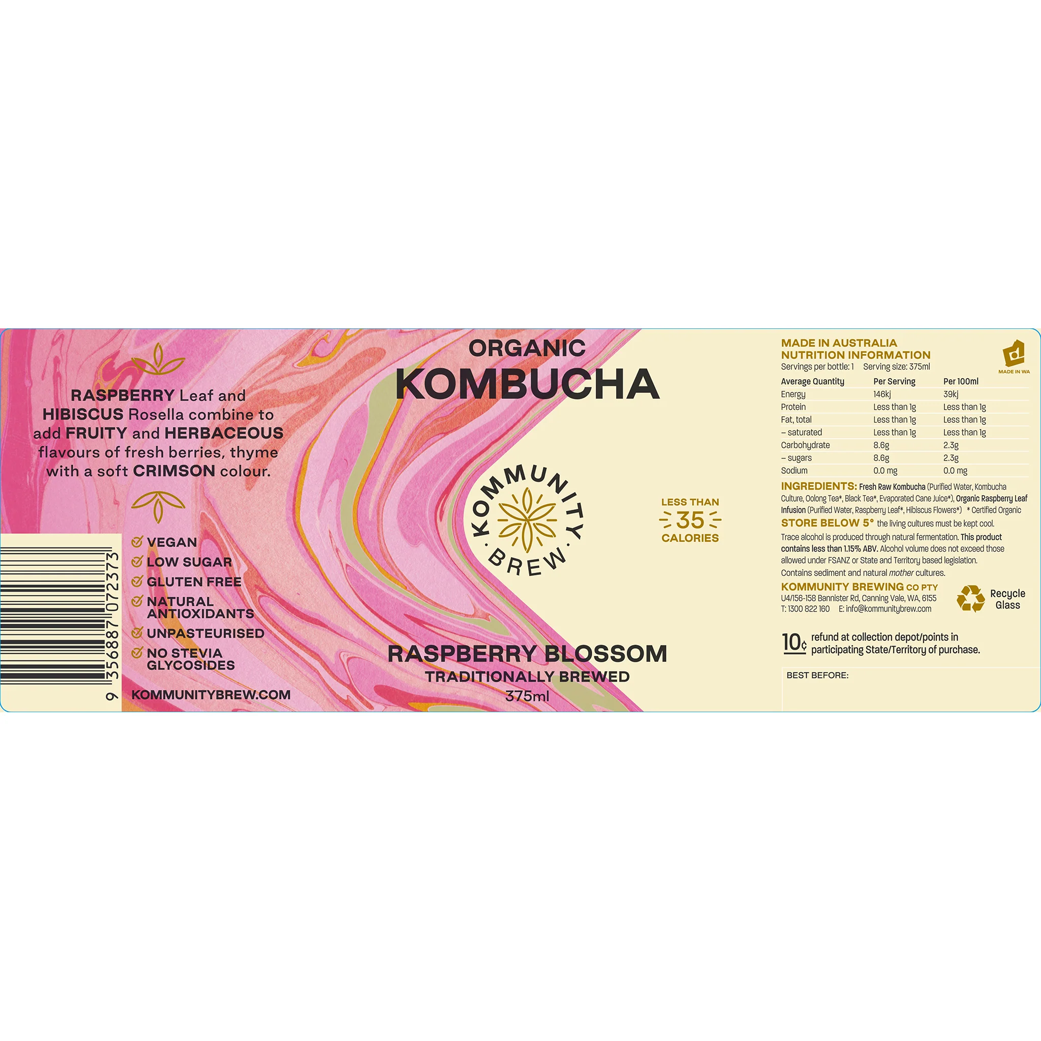 Kommunity Brew Organic Kombucha Raspberry Blossom 375ml - Image 3