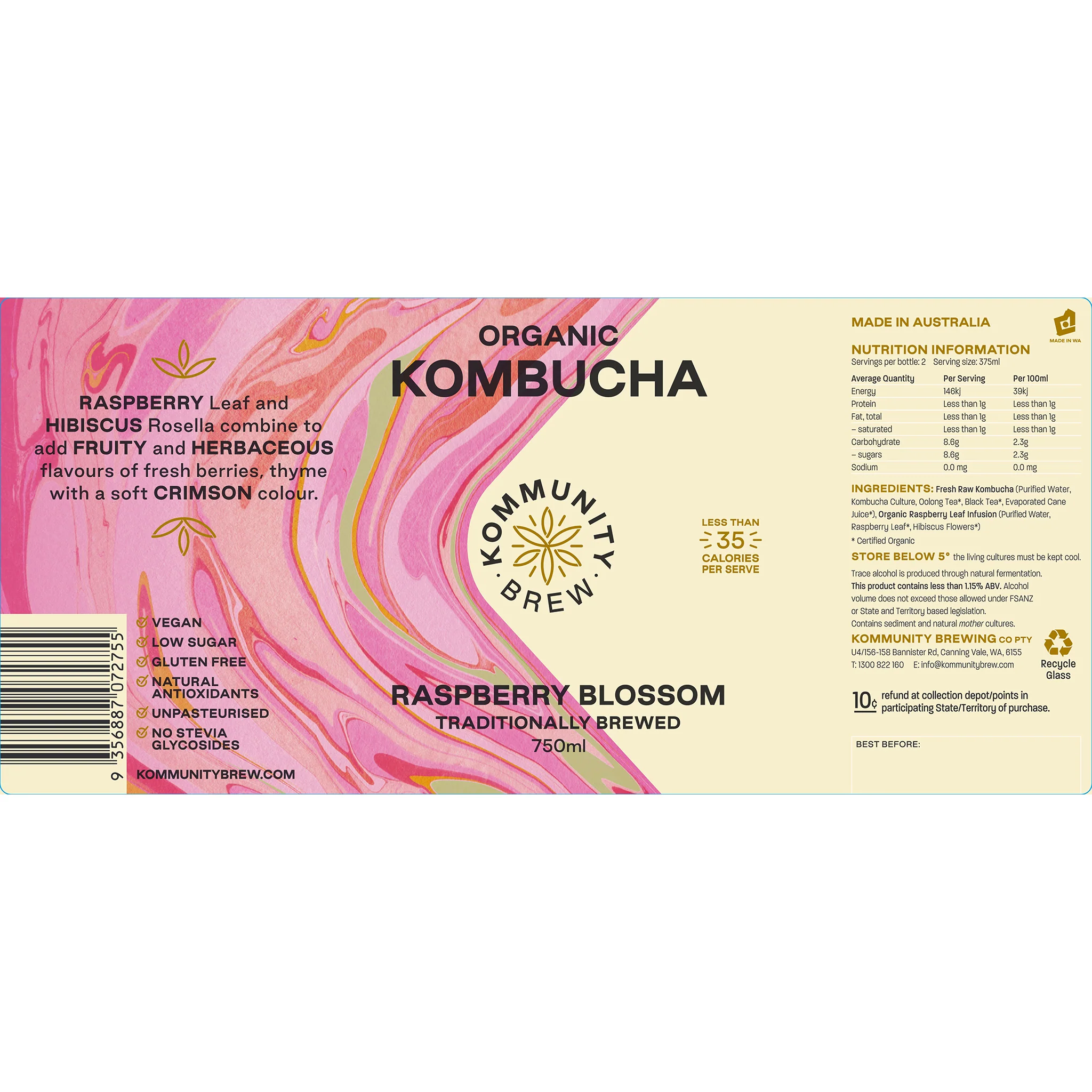 Kommunity Brew Organic Kombucha Raspberry Blossom 750ml - Image 3
