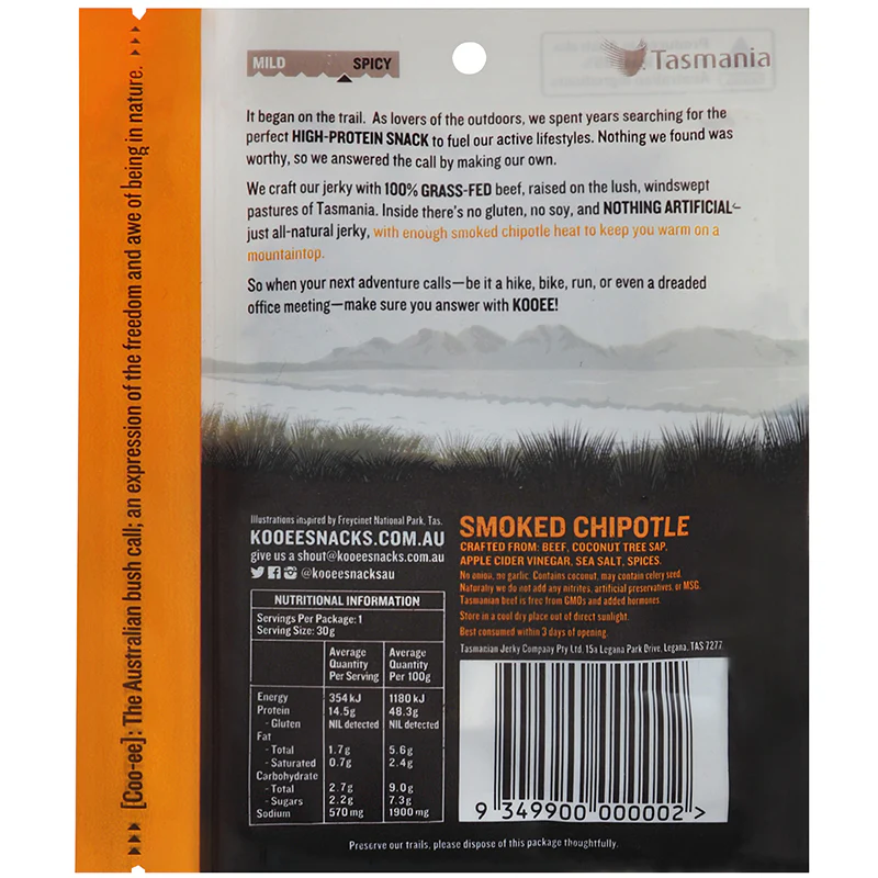 Kooee Grass Fed Beef Jerky Smoked Chipotle 30g - Image 2