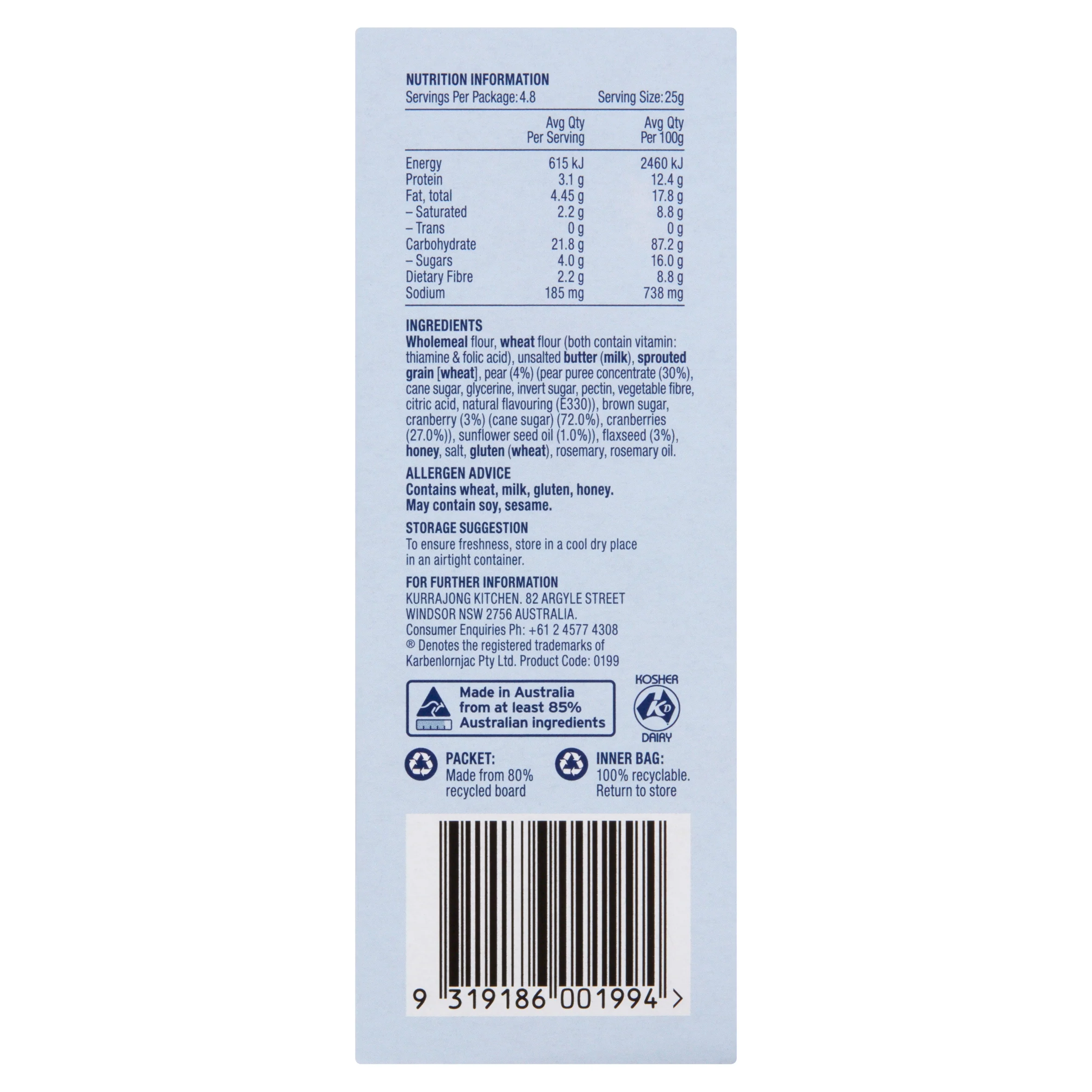 Kurrajong Kitchen Lavosh Pear and Cranberry 120g - Image 3