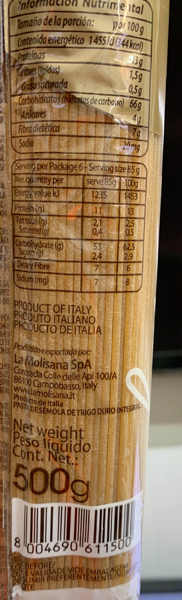 La Molisana Whole Wheat Pasta Spaghetti No.15 500g - Image 2
