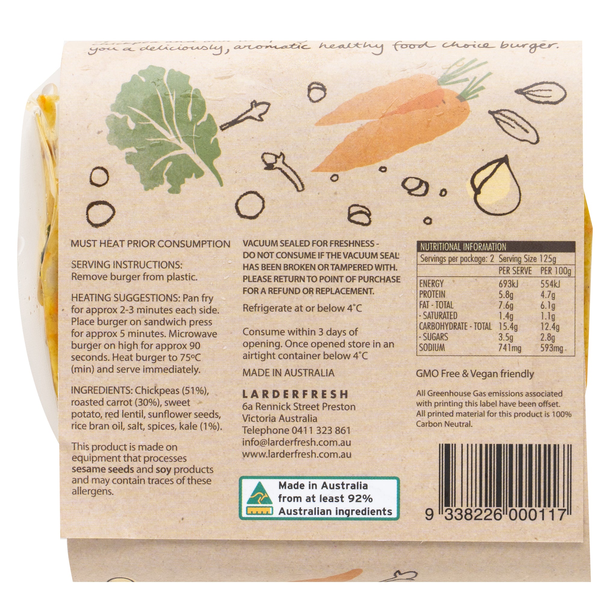Larder Fresh Burgers Roast Carrot, Kale and Chickpea 250g - Image 2