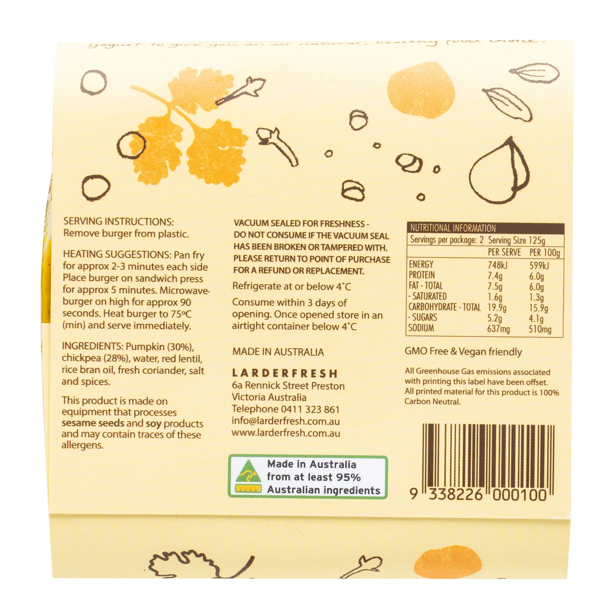 Larder Fresh Burgers Roast Pumpkin and Chickpea 250g - Image 2