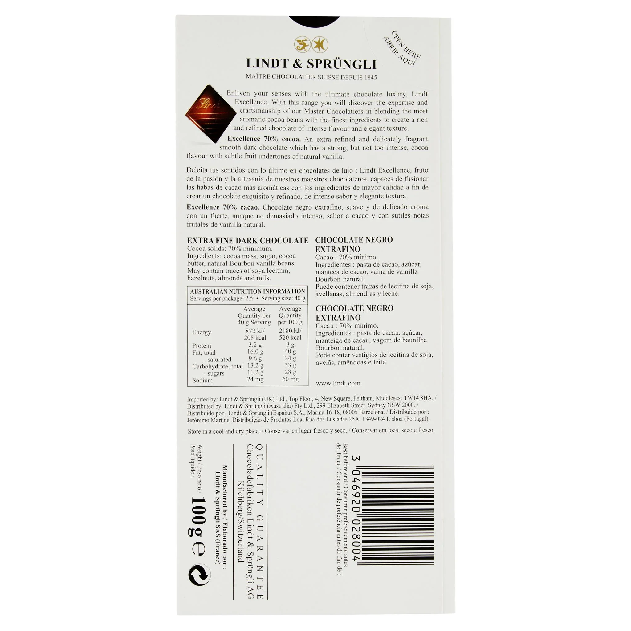 Lindt Excellence Dark Cocoa 70% 100g - Image 2