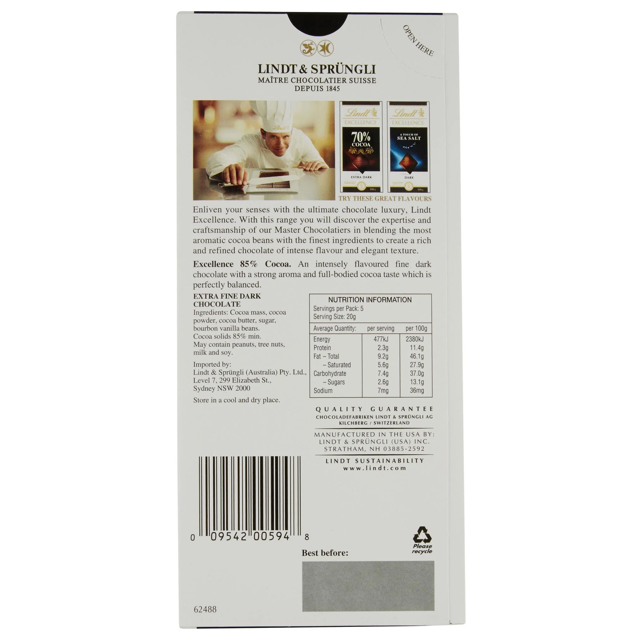 Lindt Excellence Dark Chocolate 85% Cocoa 100g - Image 2