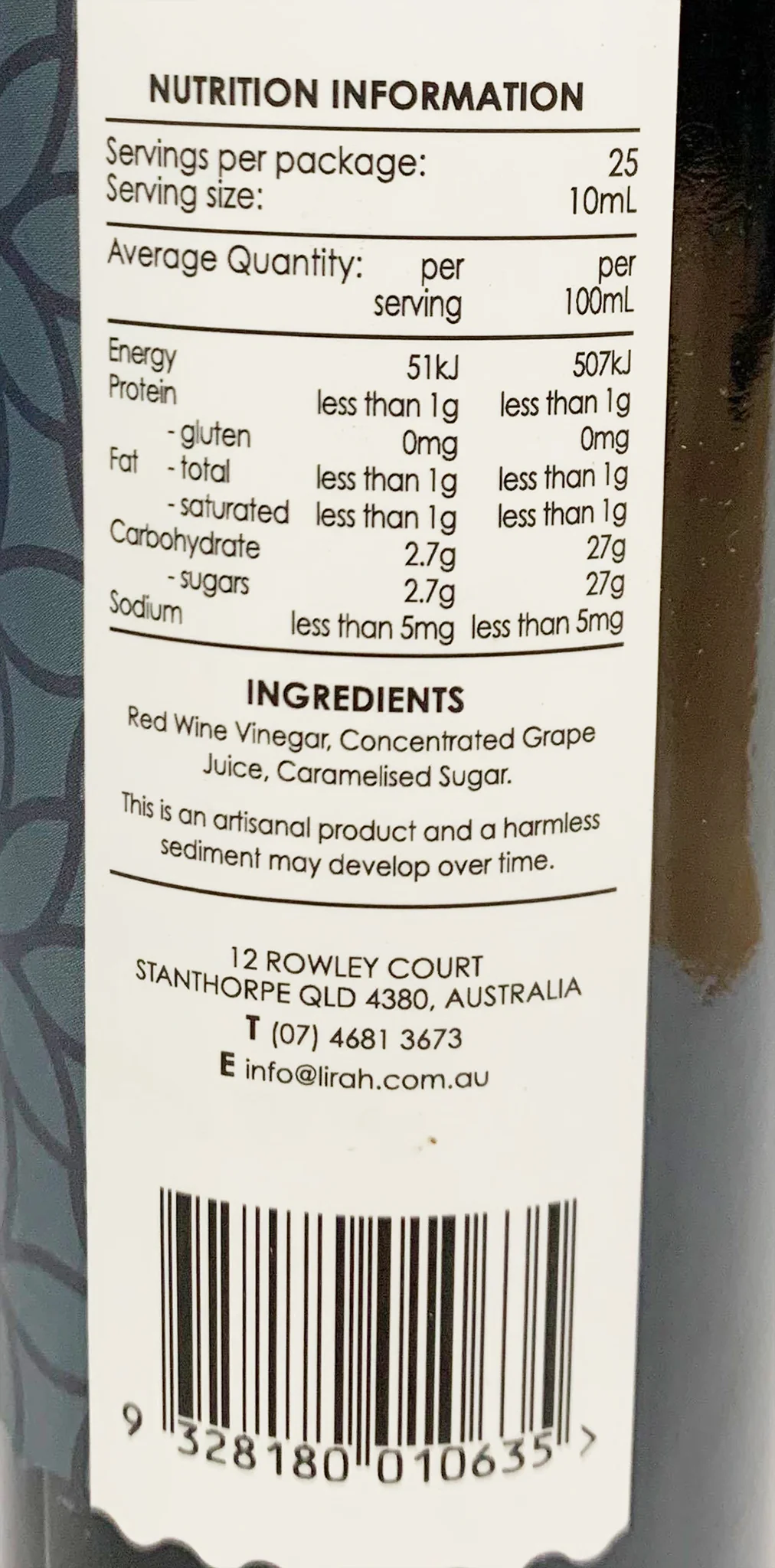 Lirah Australian Aged Balsamic Vinegar 250ml - Image 2