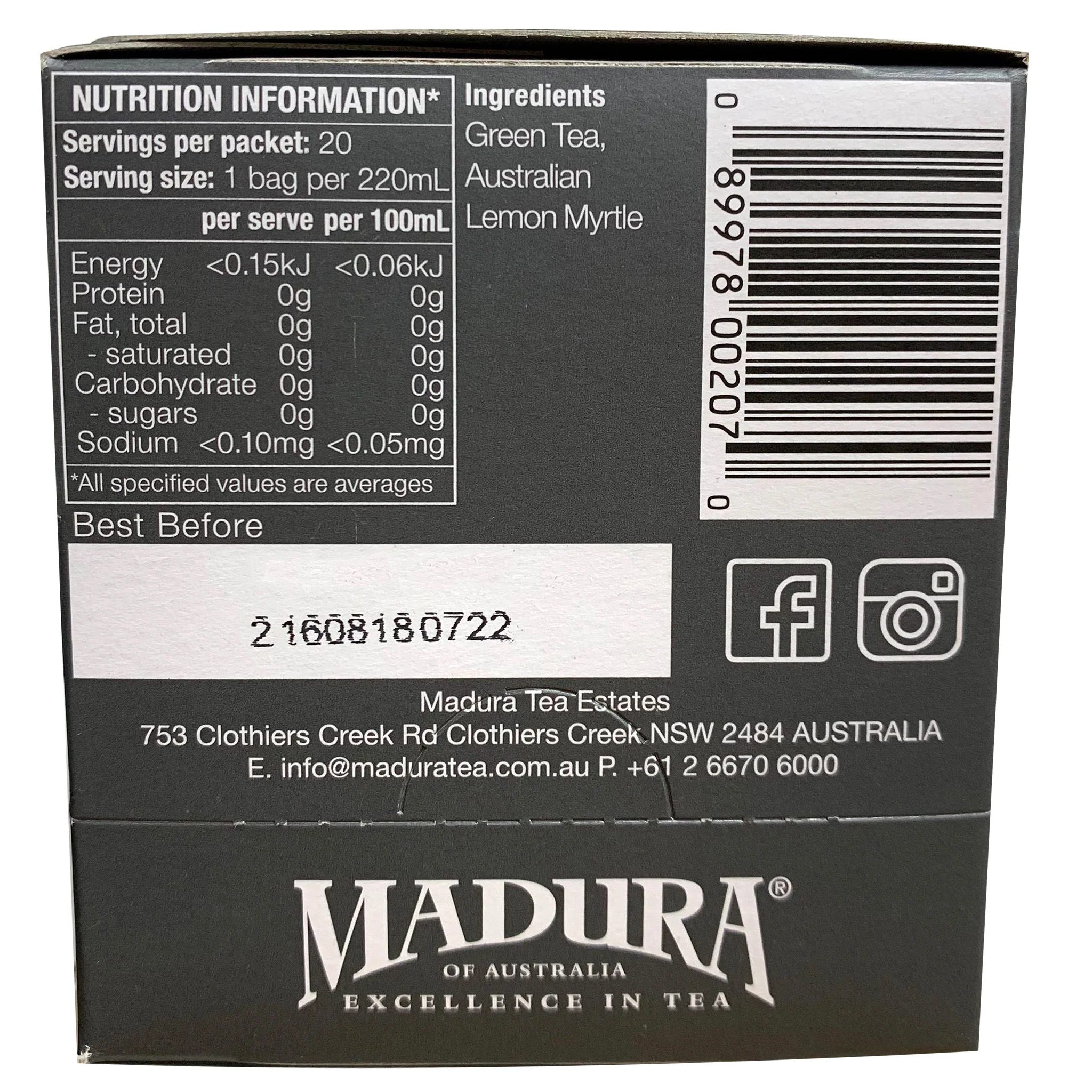 Madura Green Tea and Lemon Myrtle Teabags x20 30g - Image 3