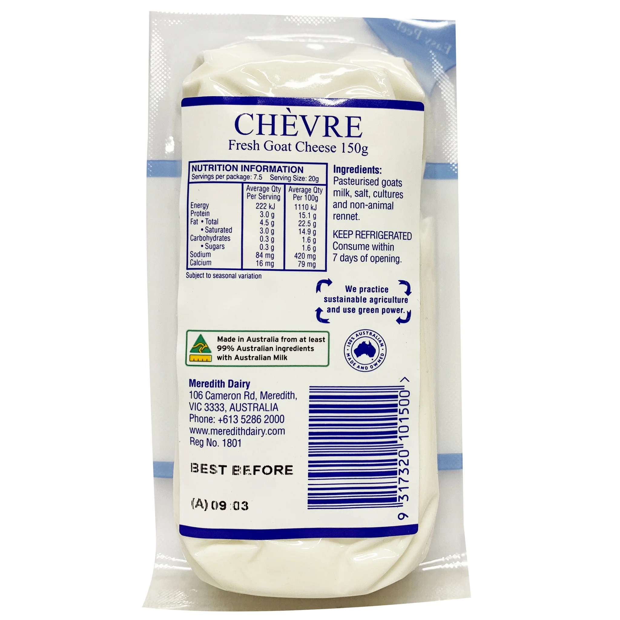 Meredith Dairy Goat Cheese Fresh Chevre Original 150g - Image 2