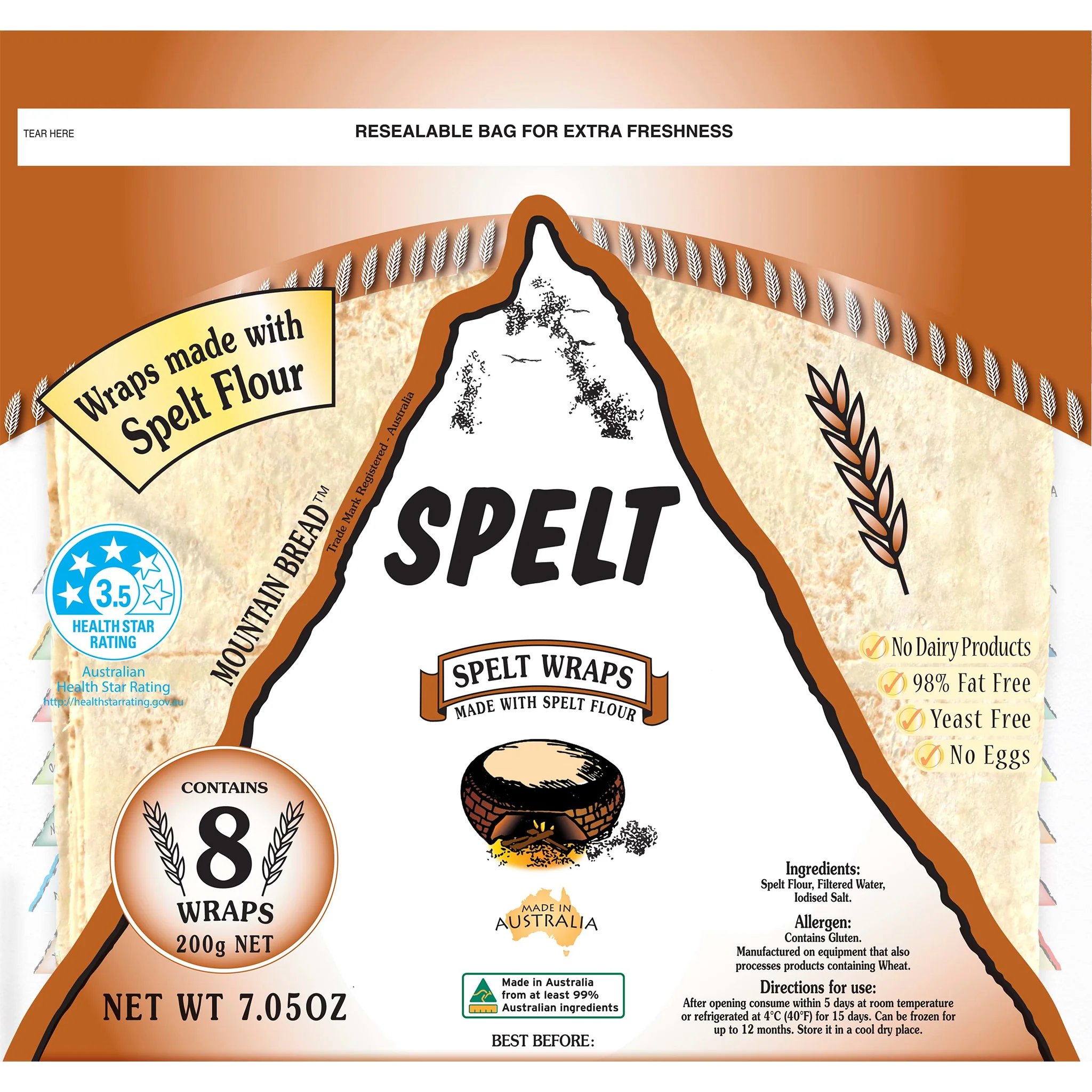 Mountain Bread Spelt Wraps x8 200g