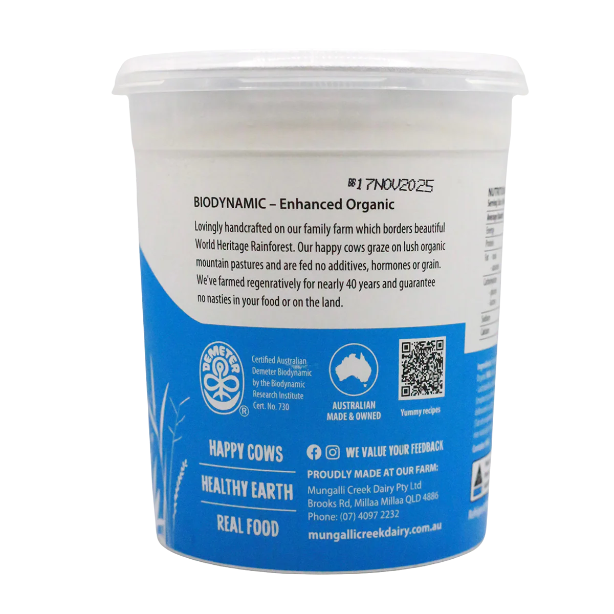 Mungalli Creek Dairy Organic Yogurt Natural Lactose Free 1kg - Image 2
