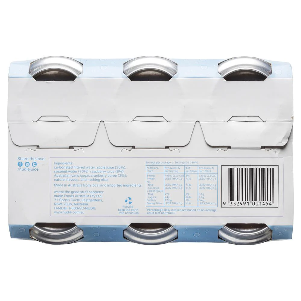 Nudie & Soda Coconut Water, Apple, Raspberry & Cranberry 6 x 330mL - Image 2