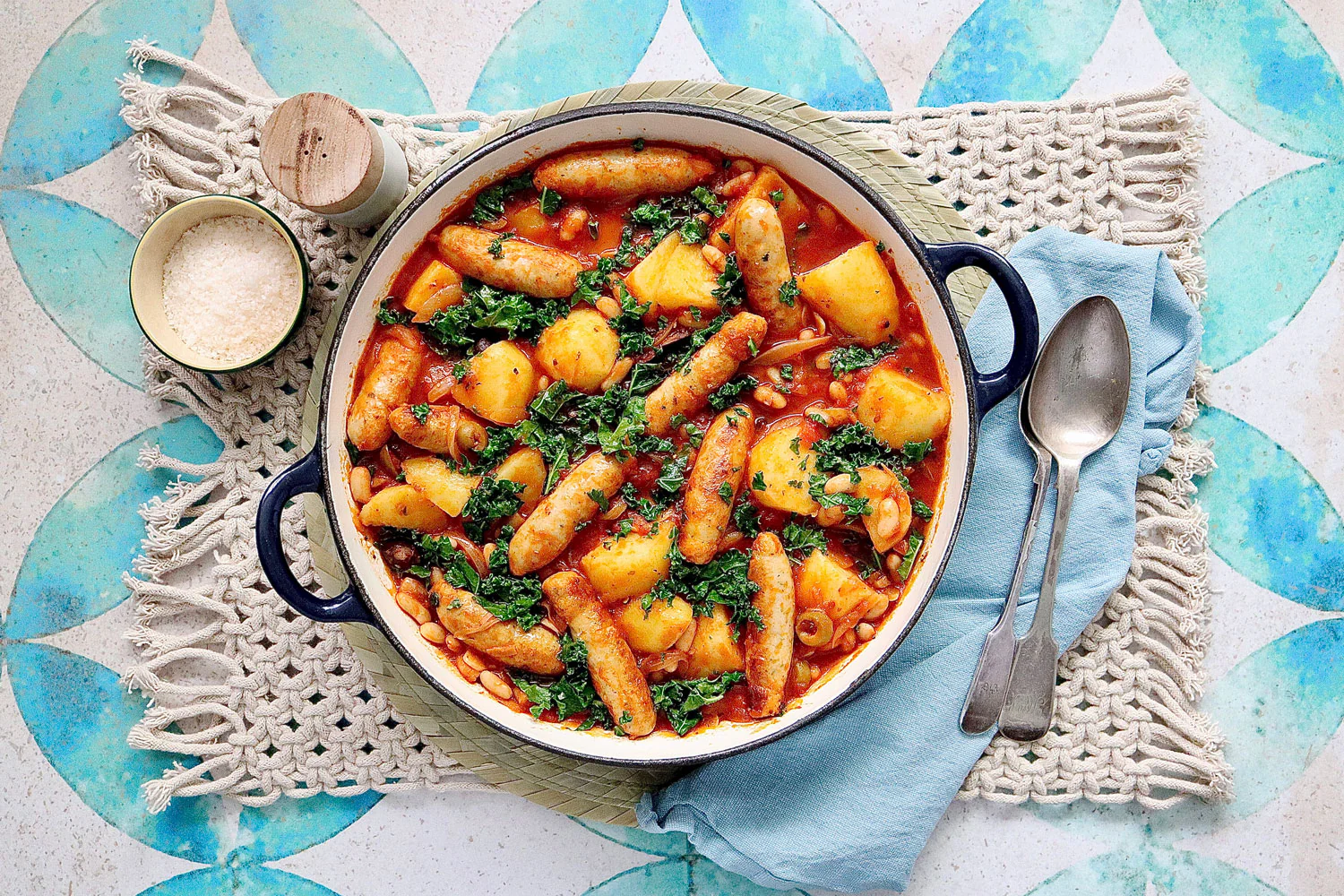 One Pot Chicken Chipolatas - with Potatoes Cannellini Beans and Tomato Olive Sauce - Image 2