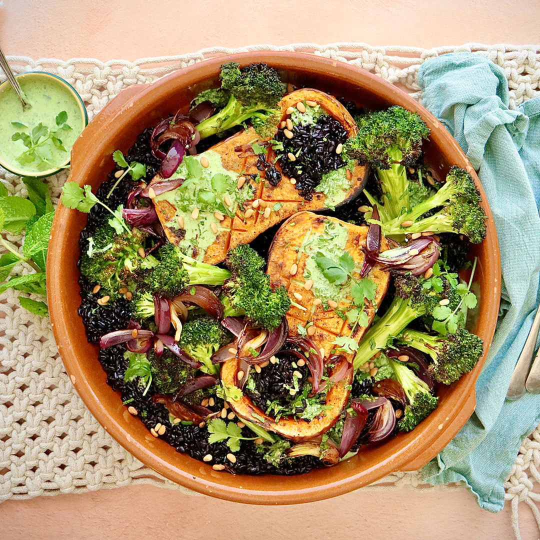 Organic Roasted Vegetables - with Black Rice and Goats Feta Herbed Yoghurt