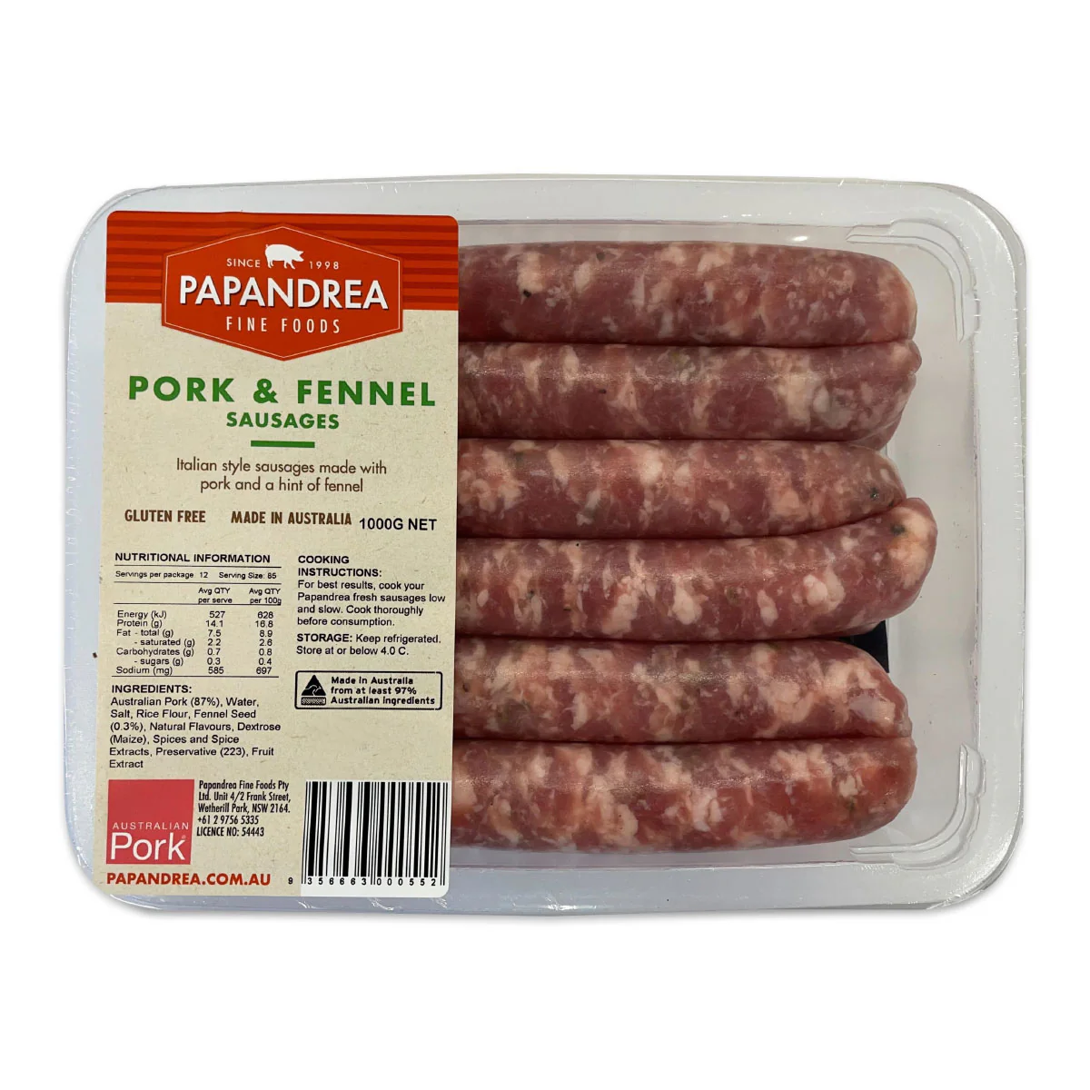 Papandrea Fine Foods Pork and Fennel Sausages 1kg