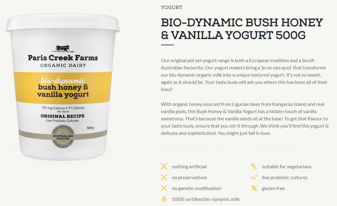Paris Creek Farms Bio-Dynamic Organic Bush Honey and Vanilla Yoghurt 500g - Image 3