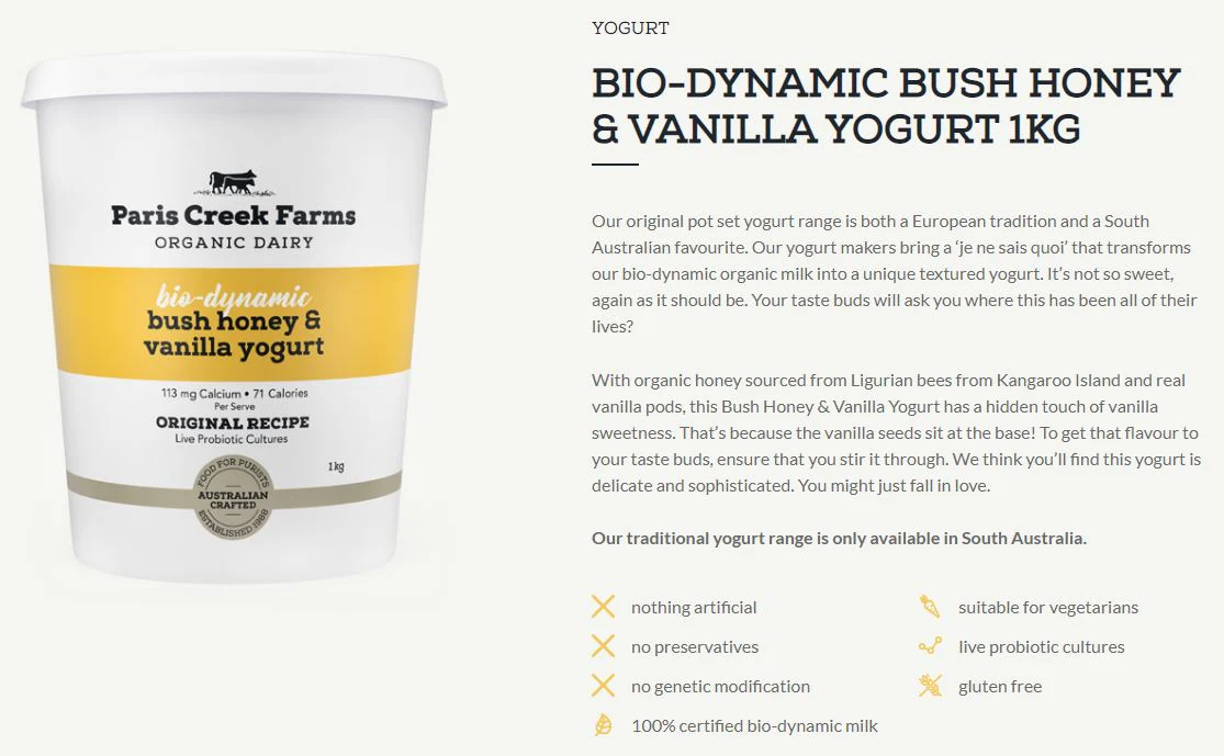 Paris Creek Farms Bio-Dynamic Organic Bush Honey and Vanilla Yoghurt 1kg - Image 3