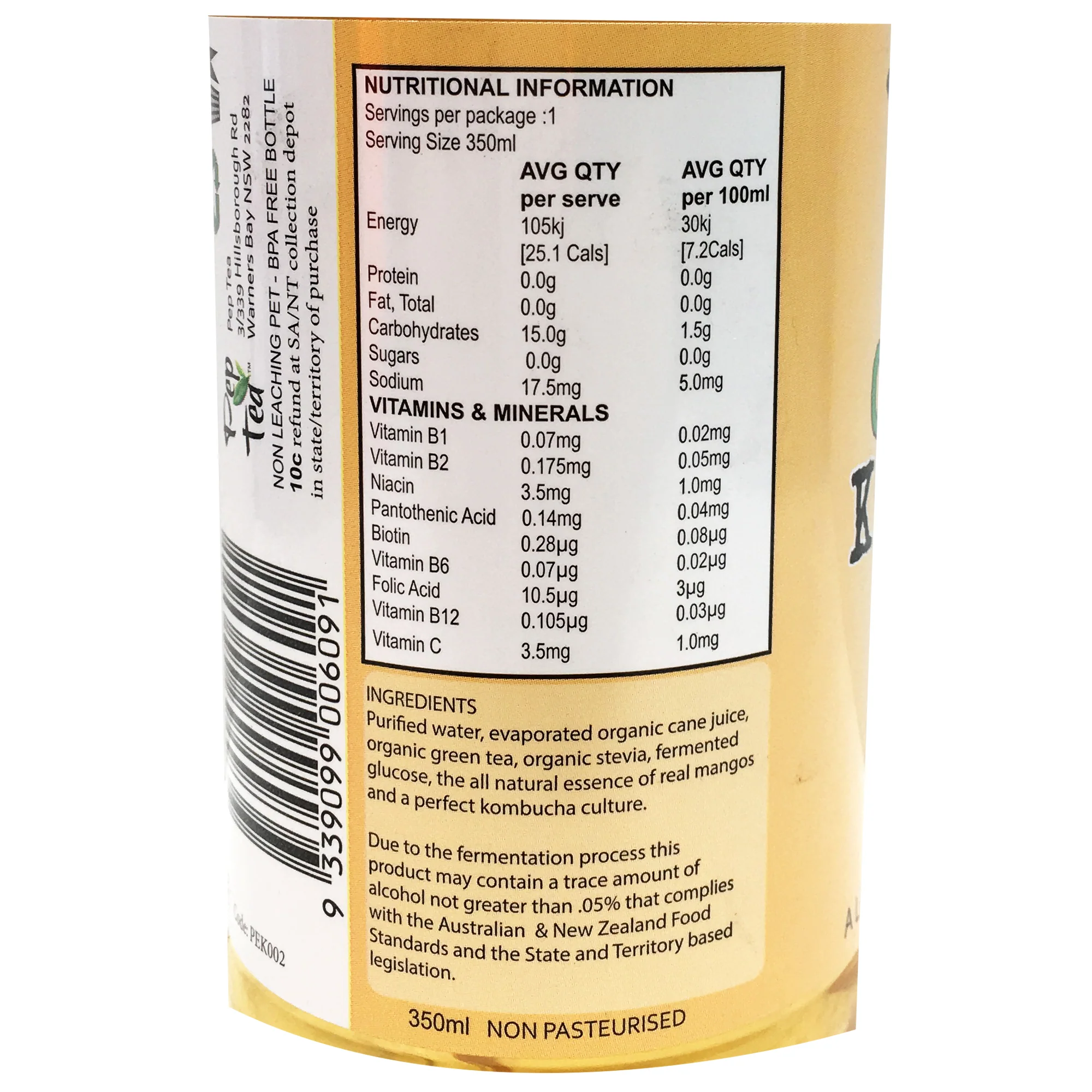 PepTea Drinks Organic GreenTea Kombucha Mango 350ml - Image 2