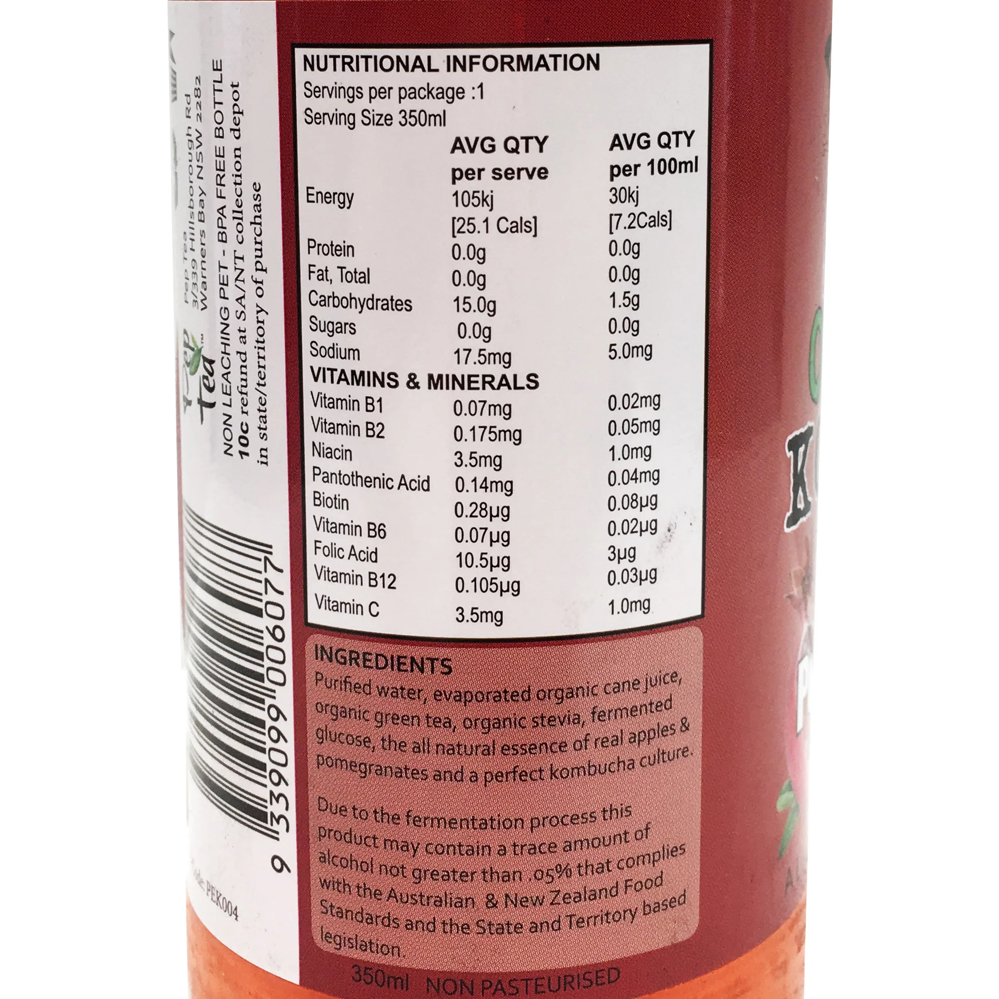 PepTea Organic GreenTea Kombucha Apple Pomegranate 350ml - Image 2