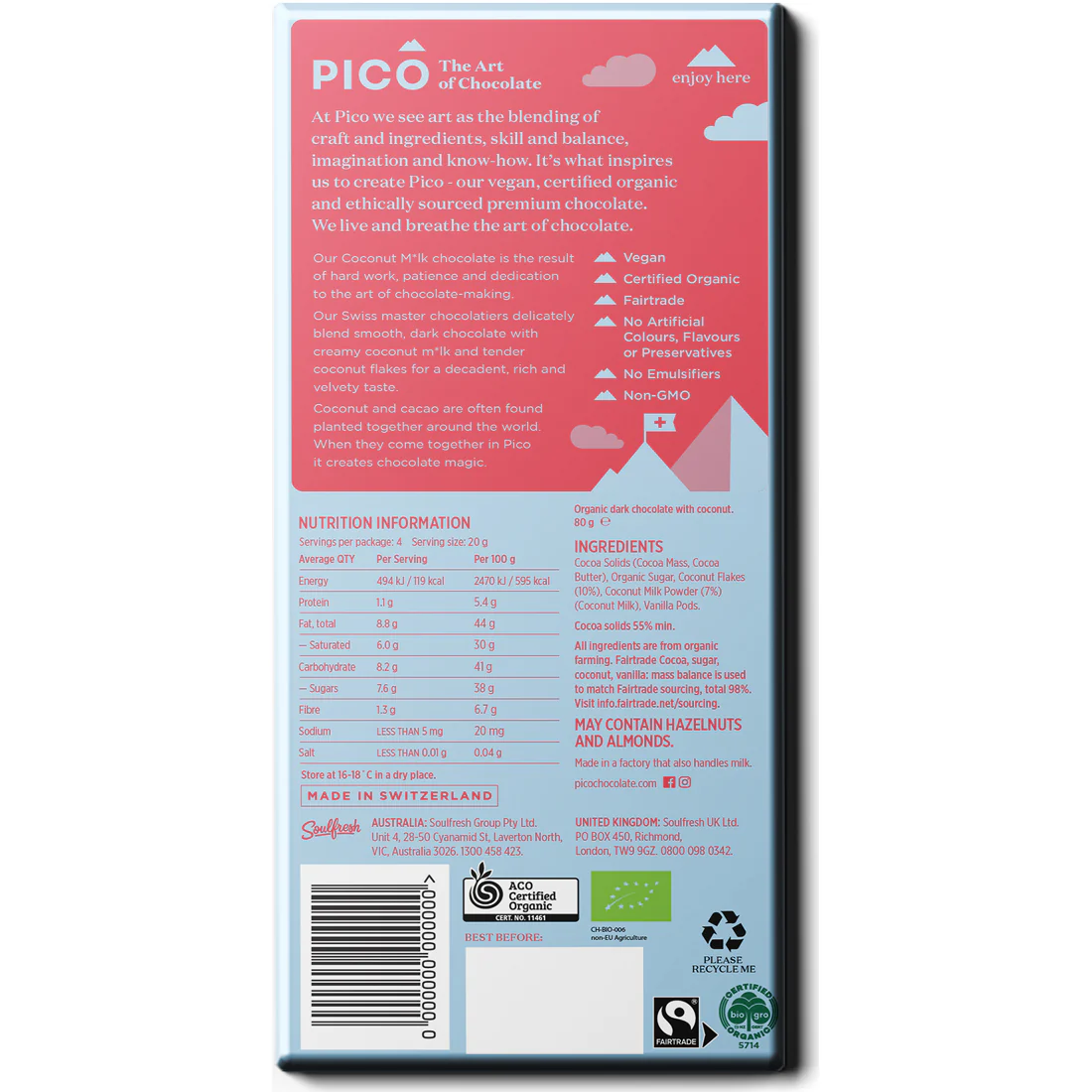 Pico Coconut Milk Dark Chocolate 80g - Image 2