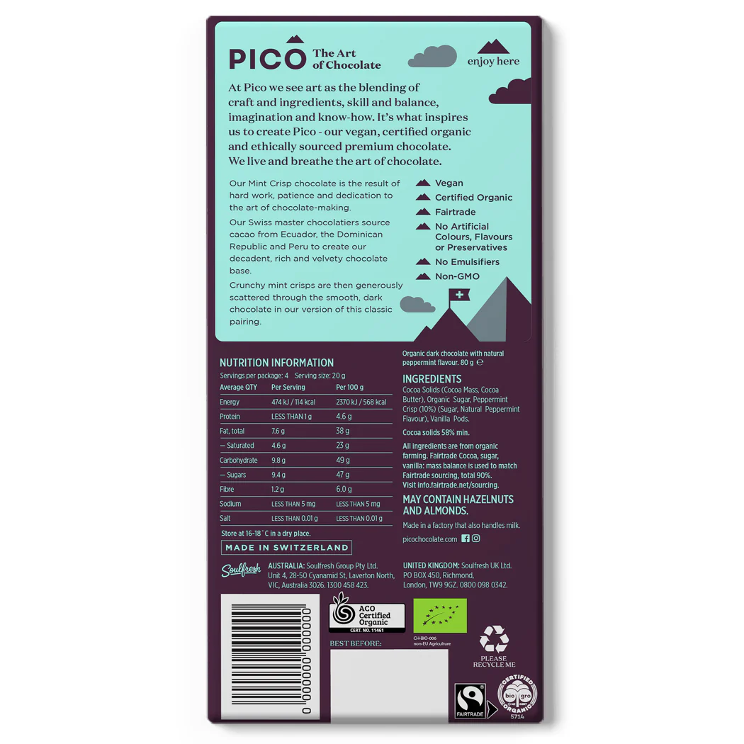 Pico Mint Crisp Dark Chocolate 80g - Image 2