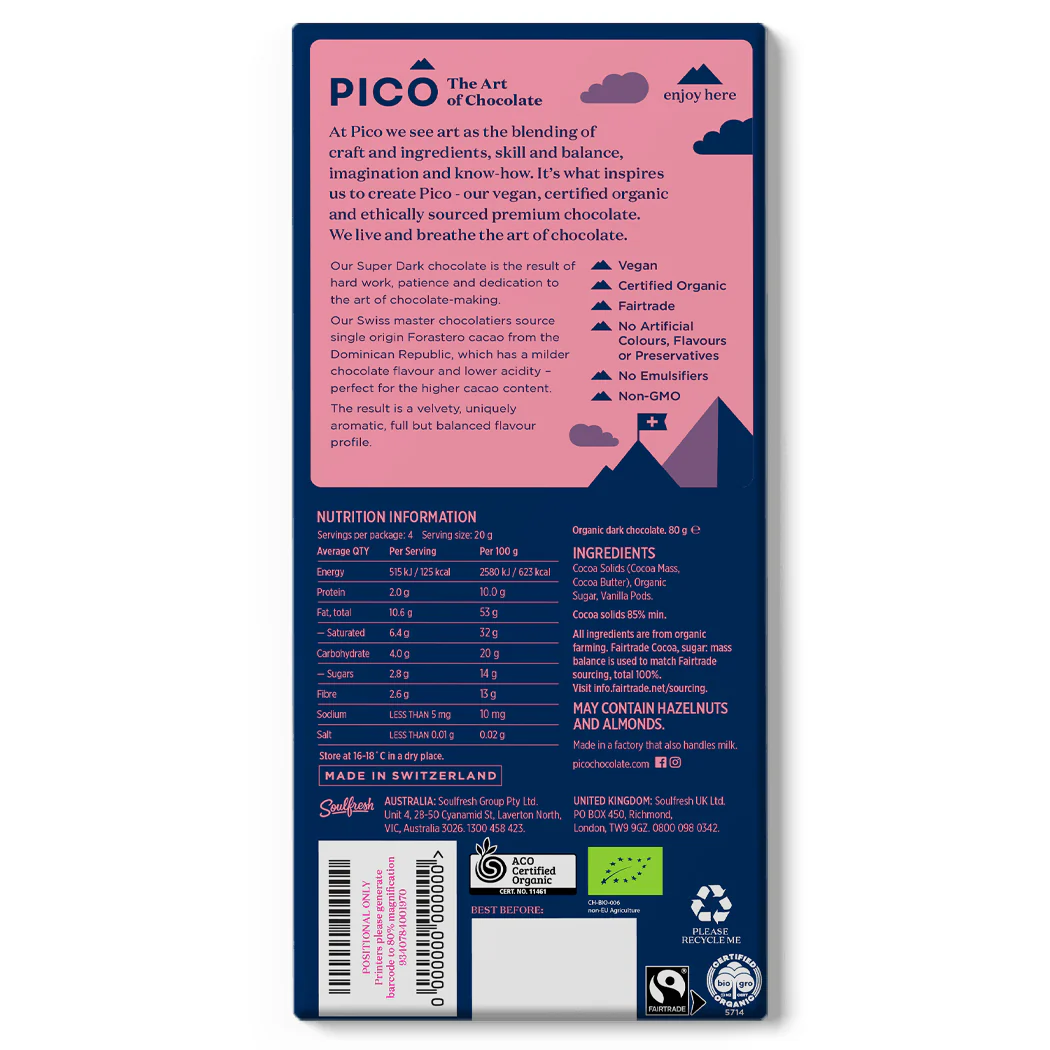 Pico Super Dark 76% Cocoa Dark Chocolate 80g - Image 2