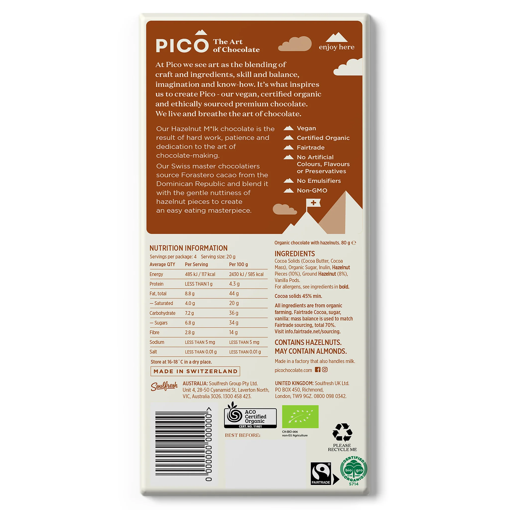 Pico Hazelnut Milk Chocolate 80g - Image 2