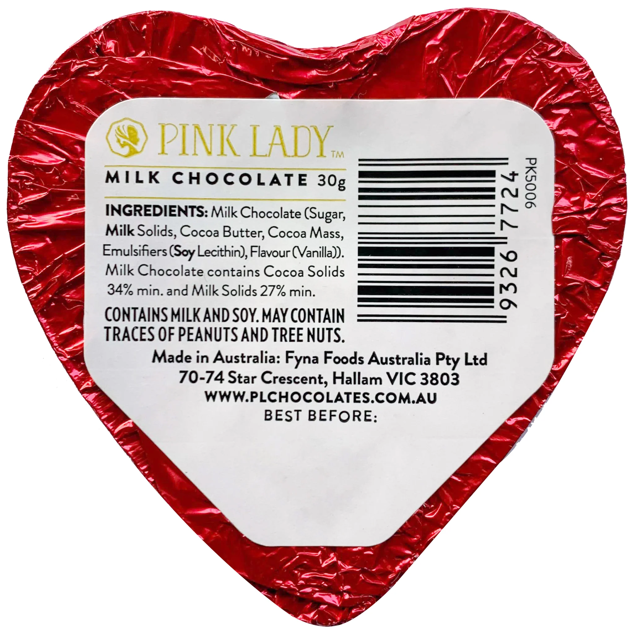 Pink Lady Red Foiled Heart Milk Chocolate 30g - Image 2