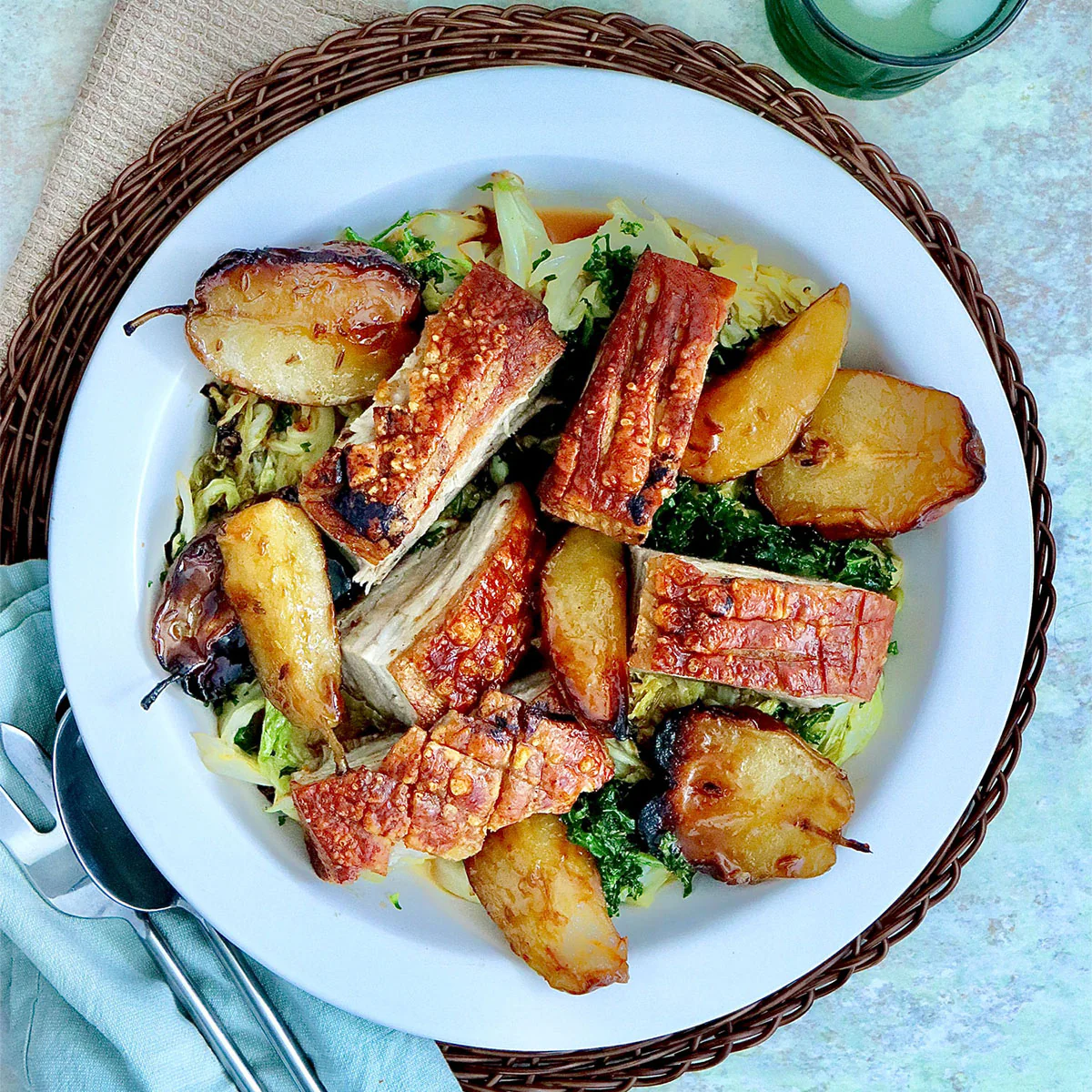 Pork Belly - with Plum Glazed Pears and Cabbage