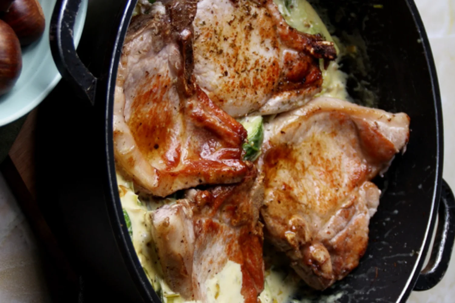 Pork Chops - with Chestnuts Brussels Sprouts and Mustard Cream - Image 2