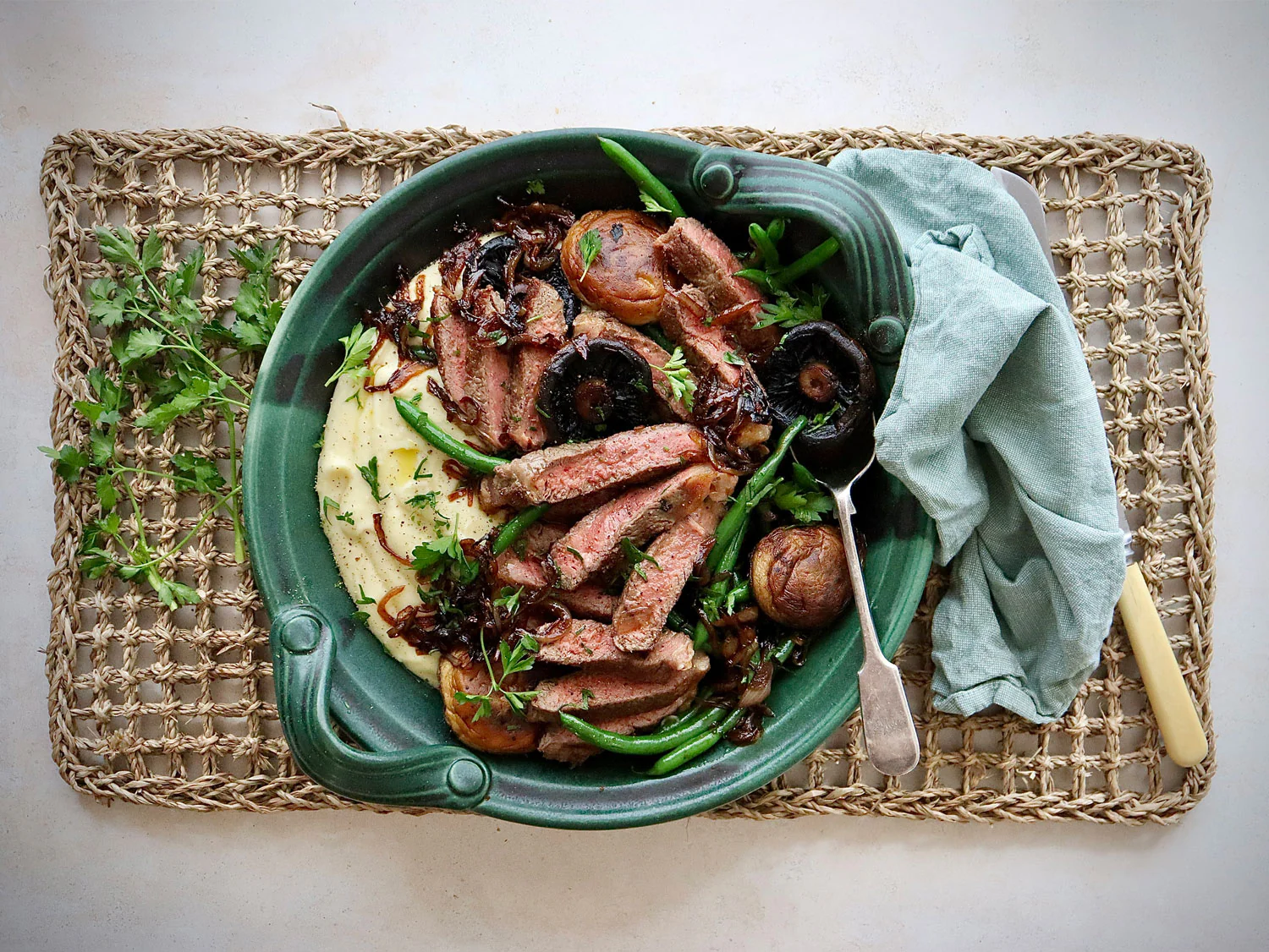 Organic Porterhouse Steaks - with Mash Potatoes Green Beans Mushrooms and Balsamic Onions - Image 2