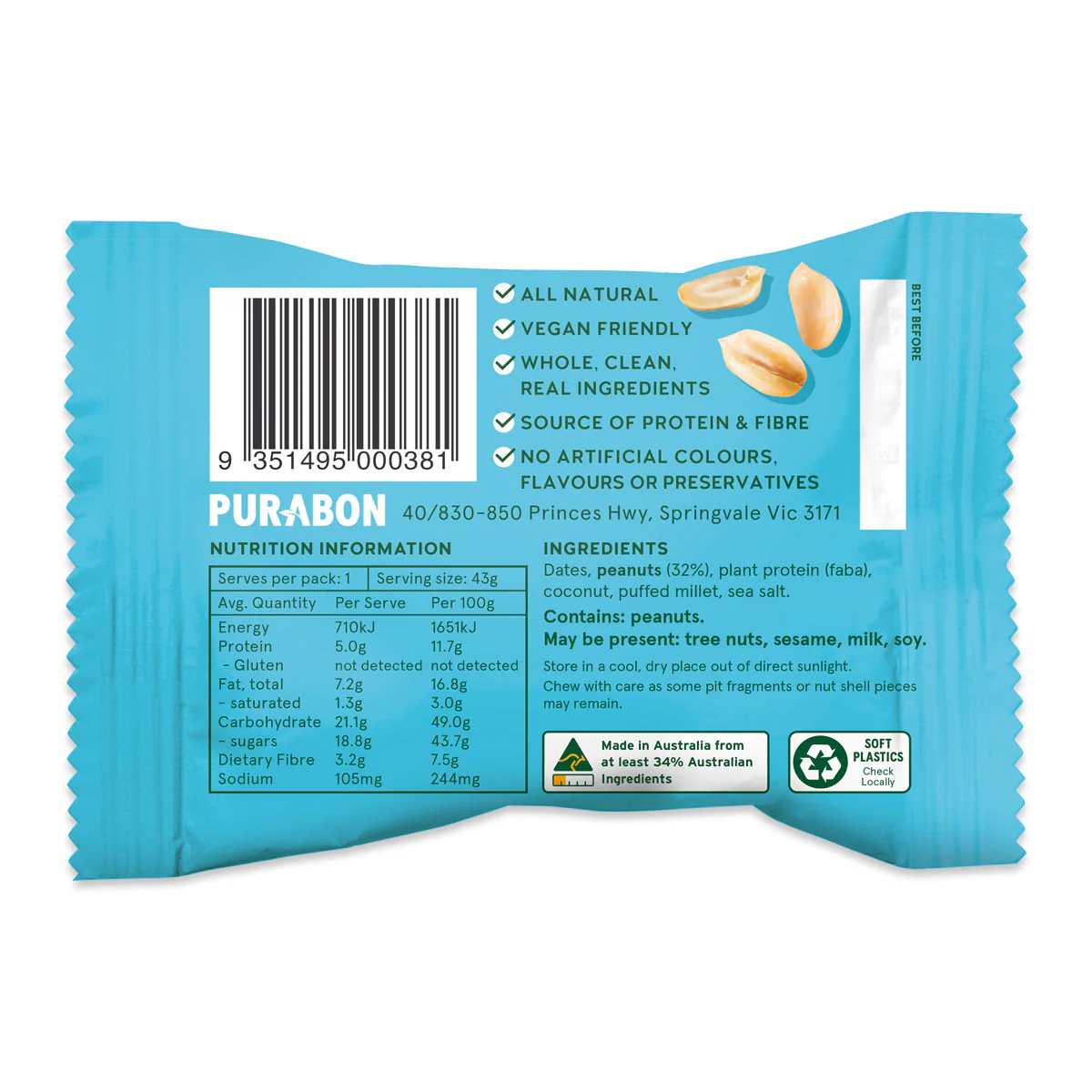 Purabon Protein Ball Peanut Butter 43g - Image 2