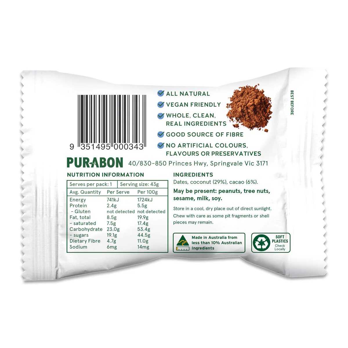 Purabon Wholefood Ball Coconut Cacao 43g - Image 2