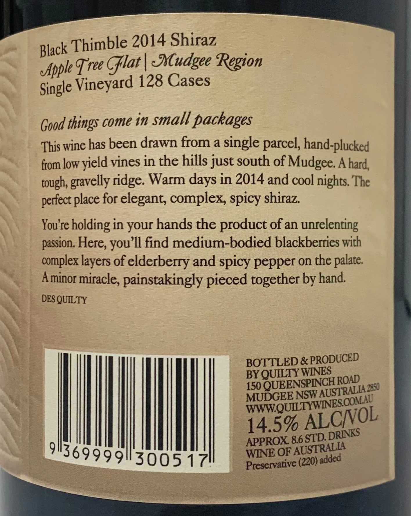 Quilty Shiraz Black Thimble Mudgee NSW 750ml - Image 2