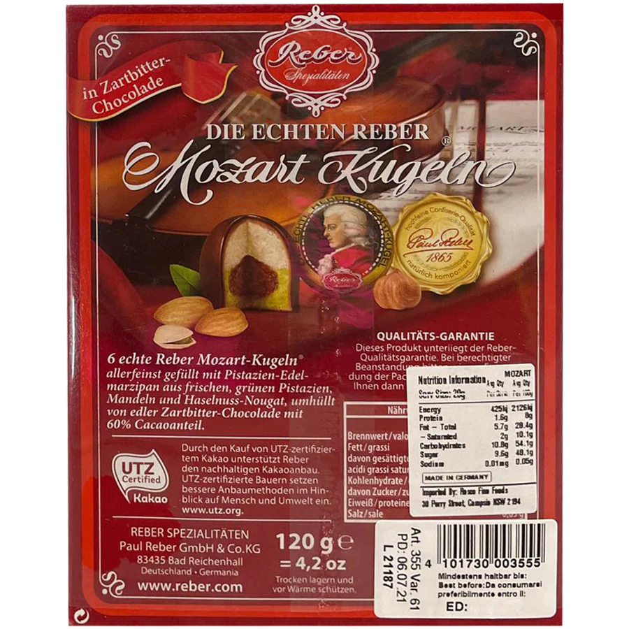 Reber Pistachio Marzipan and Nougat Chocolates Mozart Kugeln Gift Box 120g - Image 2
