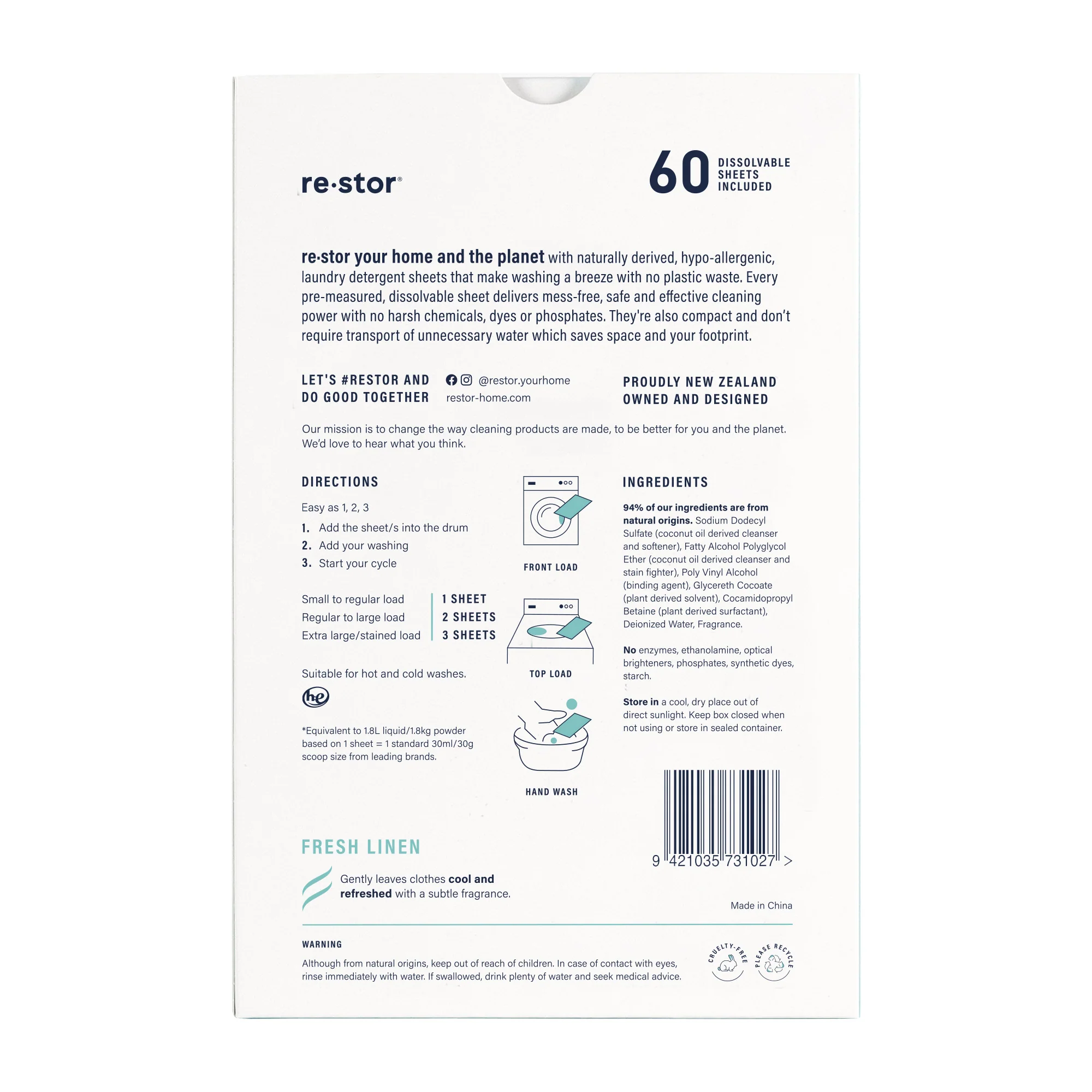 Restor Concentrated Laundry Detergent Sheets Fresh Linen x60 - Image 2